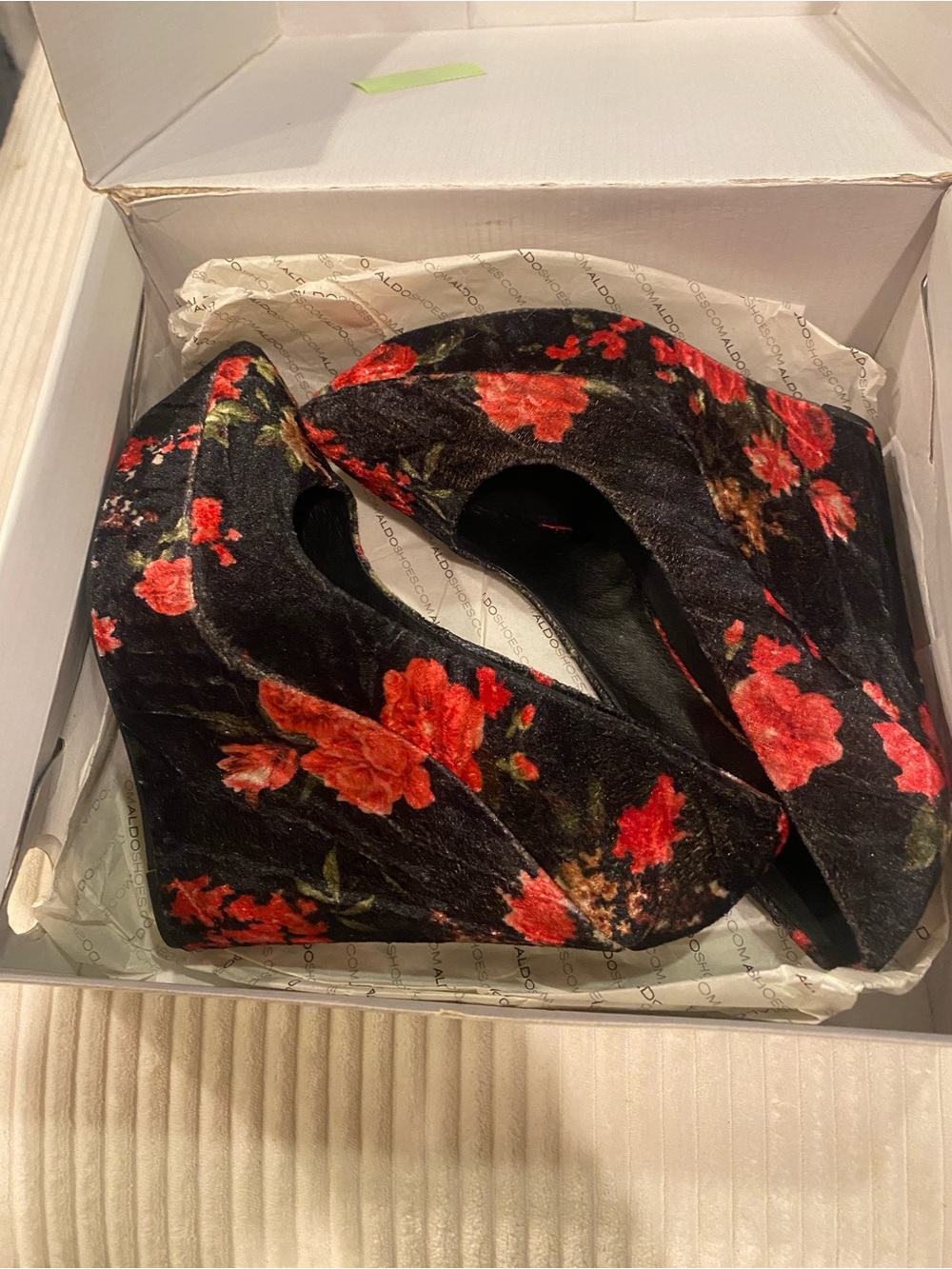 Aldo Black Velvet Wedge Heels with Red Floral Print